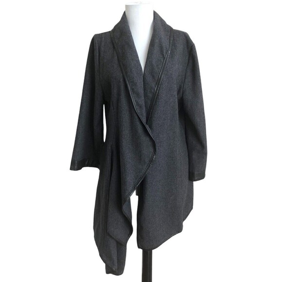 UMGEE leather trim wool Open Front Waterfall Asymmetrical Gray Jacket size M - Picture 3 of 10